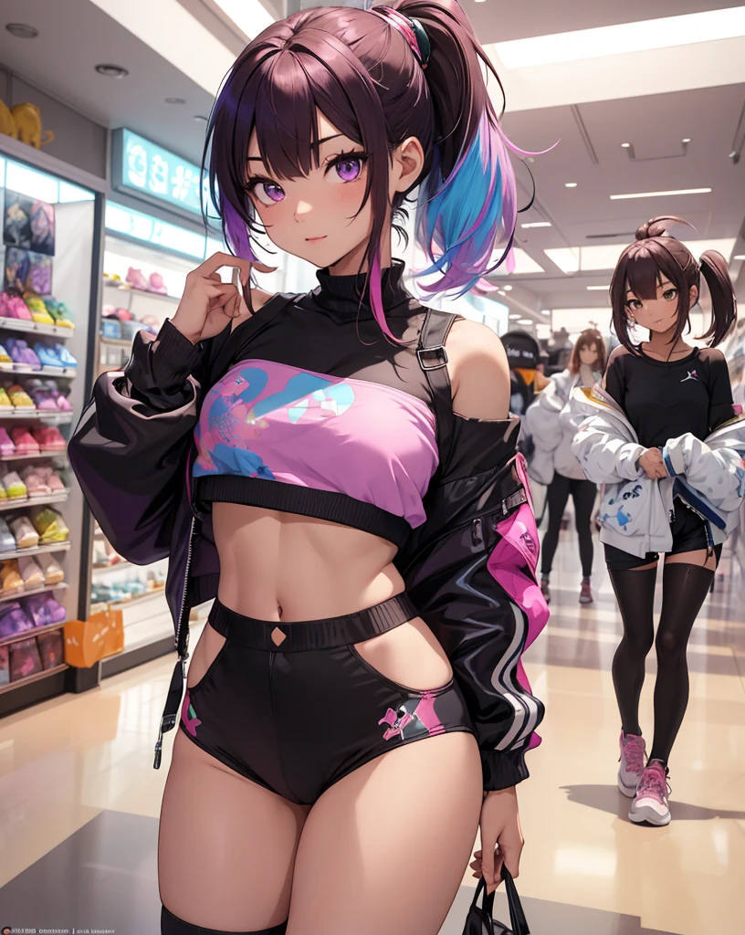 (aesthetic, high quality, ultra detailed CG), a blushing girl, short black hair, big eyes, "panda theme hoodie", wearing a diaper, black thigh high socks and mary jane shoes, a full body portrait, standing up pose, casual dynamic pose, high key lighting, pastel colors, anime-style, light green bright background.