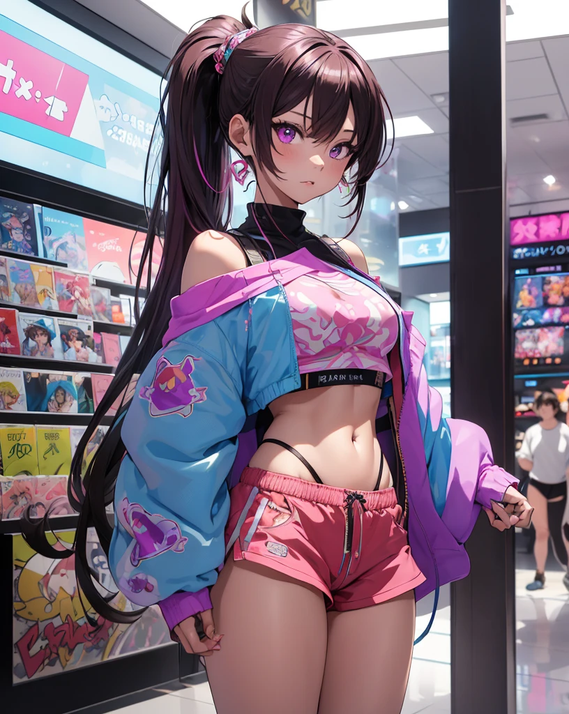 ((master part)), best quality, absurderes, ultra detaild, Holographic, cowboy shot, proportion Aurea, super cute girl,  Madura, Idol girl, Super beautiful asian girl with very cute violet bright eyes, Beautiful multicolored bright brown hair, high ponytail, nice and sexy body, body skinny, perfectbody, wearing a super tight anime print knit, Anime Print Super Tight Off Shoulder Long Sleeve Crop Top, a super aesthetic mini transparent jacket, cute hair ornament, Pink Jordan Sneakers, being photographed in a mall store, pulling down shorts showing G-string panties, ((nsfw)), {{Lewd}}