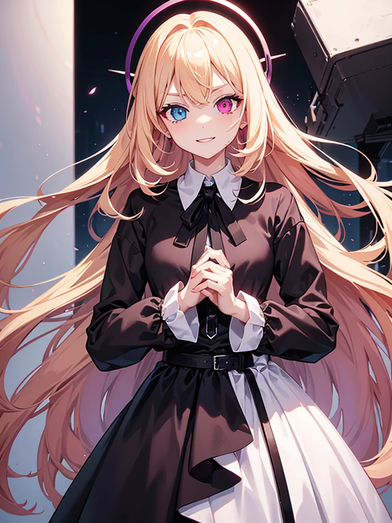 Create Tall girl, long blonde, pink and purple heterochromia eyes, red and black dress with long sleeves white collar, dark look, crazy psycho smile, anime style