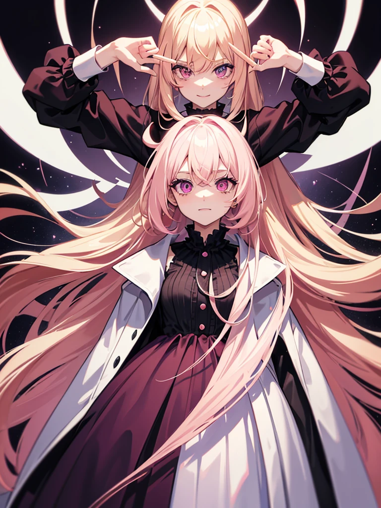 Create Tall girl, long blonde, pink and purple heterochromia eyes, red and black dress with long sleeves white collar, dark look, crazy psycho smile, anime style
