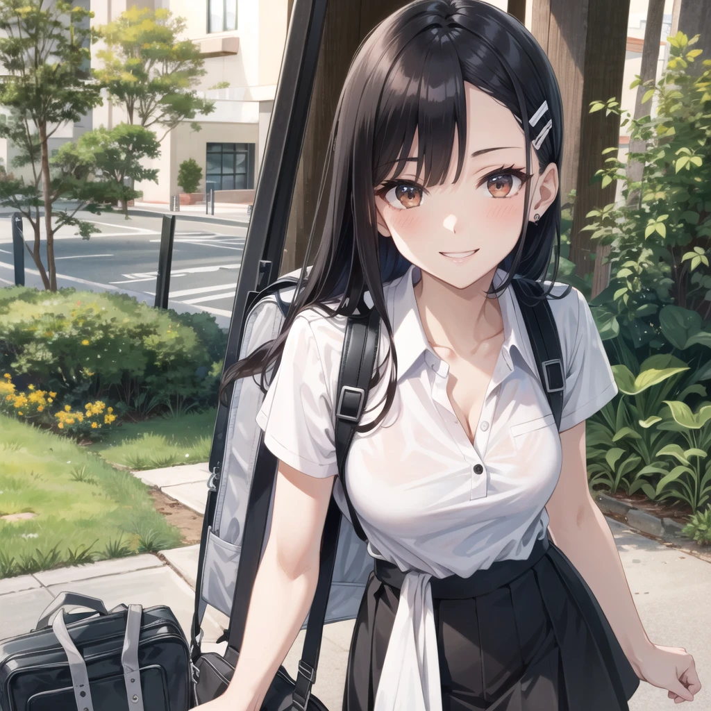 ((best quality)), ((masterpiece)), (details), one girl, sexy ((best quality)), ((masterpiece)), (details), one girl, sexy ((best quality)), ((masterpiece)), (details), one girl, full body, sexy expensive body, expensive, long legs, mature woman, mature, adult, it_nagatoro_main, Nagatoro Hayase, one girl, blushing, alone, uniform polo shirt, black hair, bag, brown eyes, hair accessory, looking at viewer, hair clip, outdoors, backpack, smiling, long hair, dark skinned woman, dark skin, , bangs, daytime, skirt, collared shirt, collarbone, ear clip, mouth closed, tree, asymmetrical bangs, upper body