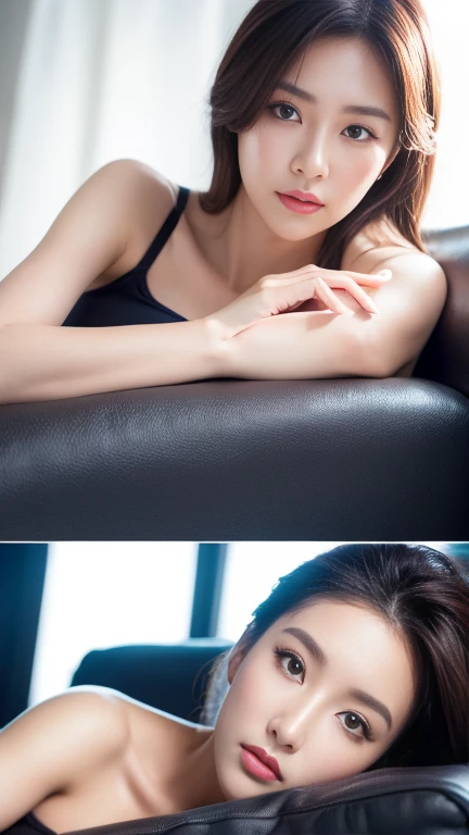 pose of an ultra hot sexy woman:0.9). (the most beautiful woman in the world) , thin nose, beautiful, perfect face, slender body (slender), (white skin) Beautiful body, (predatory, hunter, expressive eyes), pink lips,closed mouth, thick thighs. full body, ((best quality)), ((ultra resolution)), ((photorealistic: 1.4)), (intricate details), perfect face, clear face, facial details. front view. (She should look directly into the camera), please make sure that the womans entire body is visible in the image. lying down on her back, cuddling, sexy