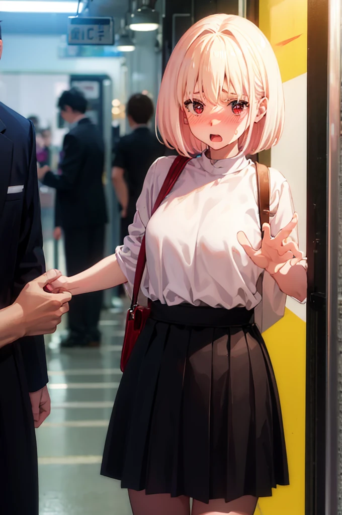 Acme Face、(nsfw:1.9)、nose blush、sweat、1 boy、bitch、POV shooter、Chest grab、blush、Embarrassed look、saliva、1 boy、POV shooter、Chest grab、Small breasts、手でhide、skill、、hide、Black Skirt、、blush、、Embarrassed look、Japanese、Black Skirt、ahegao、No bra、Light cream colored hair、Short Hair、Red eyes、blush、、Perfect hands、Fine hand、Inside the train、、Good hands、
