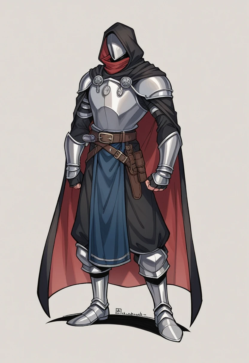 His attire was a striking blend of medieval fantasy and practical armor, designed to both protect and impress. He wore a dark, hooded cloak that flowed down to his ankles, made from a heavy, almost black fabric that absorbed the light and added an air of mystery to his presence. Beneath the cloak, his torso was protected by a finely crafted leather cuirass, dyed a deep midnight blue and embossed with intricate patterns that shimmered subtly in the shadows. His shoulders were adorned with pauldrons of blackened steel, each one etched with ancient runes that hinted at enchantments for strength and protection. Underneath, a tunic of dark grey linen provided a comfortable layer against his skin, its high collar peeking out from beneath the armor. His arms were shielded by vambraces of the same darkened steel, their surfaces smooth and unadorned, offering both flexibility and defense. His hands were covered by fingerless gloves made of sturdy black leather, allowing for dexterity while handling weapons. His legs were clad in durable black trousers, reinforced with hidden plates at the thighs and shins, providing extra protection without hindering movement. His boots, high and rugged, were made from toughened leather, reinforced with metal toe caps and heel guards, ready for both battle and long journeys. A wide belt with a silver buckle encircled his waist, supporting a variety of pouches and a sheath for his sword, the weapon's hilt wrapped in dark leather and always within easy reach.
