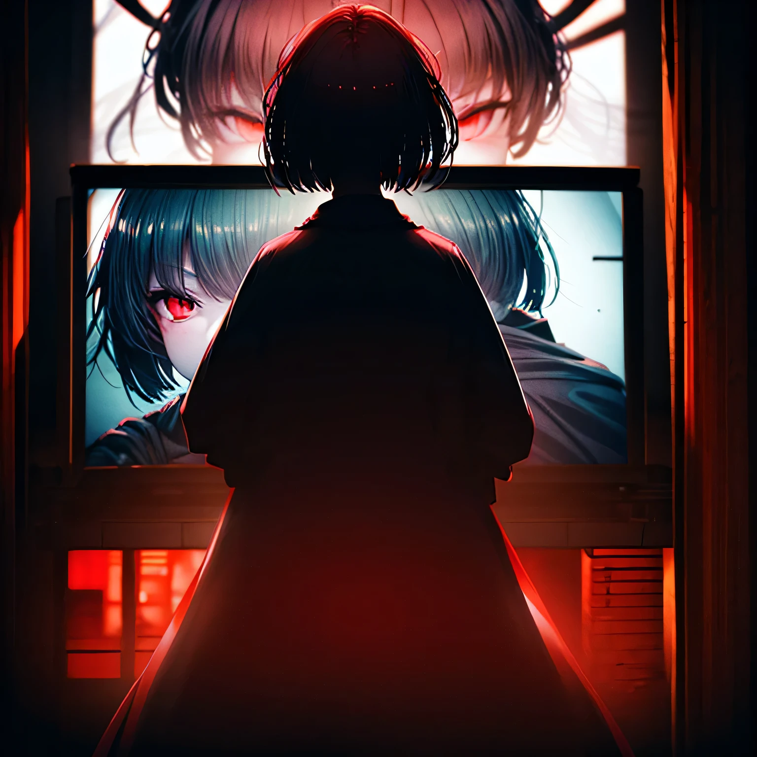 I want a large cinema screen where there's a person on the screen and in front of the screen: a masterpiece. A woman with red eyes stands in front of a window. Her beautiful eyes are visible on a large monitor screen in the background. A girl is in the center, her silhouette standing out. The red lighting highlights her red eyes and the blood. The room is detailed and dimly lit, with light coming from screens and monitor panels. The panels depict girls, and on these panels, many eyes are visible.