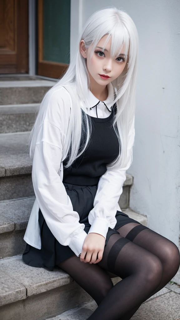 Girl with white hair and black tights