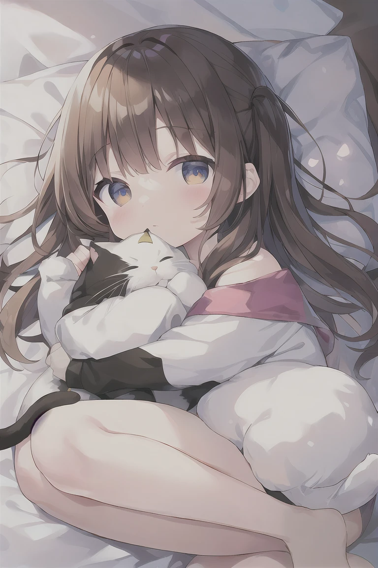 Illustration of a cute fat cat happy on a fluffy white pillow with light clouds around. Above the cat,chibi,high lights