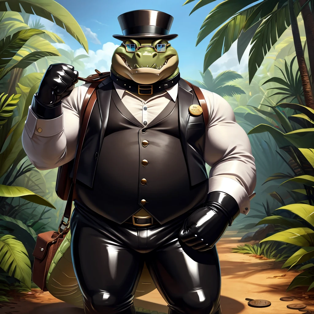 Solo, Male, fat, extremely obese, gentleman, dapper Professor Crocodile, blue eyes, (posing:1.3), (soft shading), 4k, hi res, ((detailed face, detailed)), looking at viewer, evil grin, jungle, forest, collared shirt with buttons, top hat, male focus, Explorer Outfit, glasses, monocle, bag, vest with buttons, backpack, sleeves rolled up, round eyewear, brown headwear, brown vest, Crocodile is wearing a glossy leather dog collar around the neck, Crocodile is wearing the leather collar and shirt and vest at the same time, Crocodile is wearing glossy white rubber gloves on the hands, wearing white rubber gloves on the feet, Crocodile is wearing glossy white cuffs around the wrists, gold cufflinks gloves are rubber in texture, clenching teeth, clenching fists, leather collar is glossy and shiny with a lot of detail, Crocodile is wearing gloves and cuffs and cufflinks at the same time, leather collar has a round dog-tag, leather collar is thick and detailed.