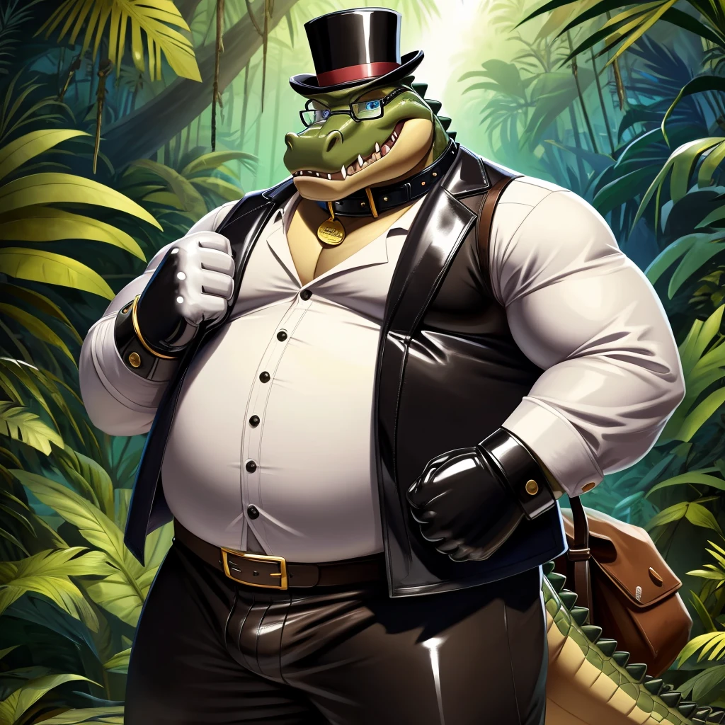 Solo, Male, fat, extremely obese, gentleman, dapper Professor Crocodile, blue eyes, (posing:1.3), (soft shading), 4k, hi res, ((detailed face, detailed)), looking at viewer, evil grin, jungle, forest, collared shirt with buttons, top hat, male focus, Explorer Outfit, glasses, monocle, bag, vest with buttons, backpack, sleeves rolled up, round eyewear, brown headwear, brown vest, Crocodile is wearing a glossy leather dog collar around the neck, Crocodile is wearing the leather collar and shirt and vest at the same time, Crocodile is wearing glossy white rubber gloves on the hands, wearing white rubber gloves on the feet, Crocodile is wearing glossy white cuffs around the wrists, gold cufflinks gloves are rubber in texture, clenching teeth, clenching fists, leather collar is glossy and shiny with a lot of detail, Crocodile is wearing gloves and cuffs and cufflinks at the same time, leather collar has a round dog-tag, leather collar is thick and detailed.