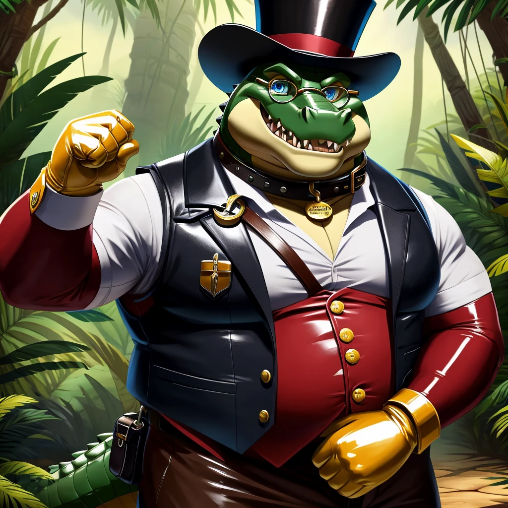 Solo, Male, fat, extremely obese, gentleman, dapper Professor Crocodile, blue eyes, (posing:1.3), (soft shading), 4k, hi res, ((detailed face, detailed)), looking at viewer, evil grin, jungle, forest, collared shirt with ons, top hat, male focus, Explorer Outfit, glasses, monocle, bag, vest with butt backpack, sleeves rolled up, round eyewear, brown headwear, brown vest, Crocodile is wearing a glossy leather dog collar around the neck, Crocodile is wearing the leather collar and shirt and vest at the same time, Crocodile is wearing glossy white rubber gloves on the hands, wearing white rubber gloves on the feet, Crocodile is wearing glossy white cuffs around the wrists, gold cufflinks gloves are rubber in texture, clenching teeth, clenching fists, leather collar is glossy and shiny with a lot of detail, Crocodile is wearing gloves and cuffs and cufflinks at the same time, leather collar has a round dog-tag, leather collar is thick and detailed.