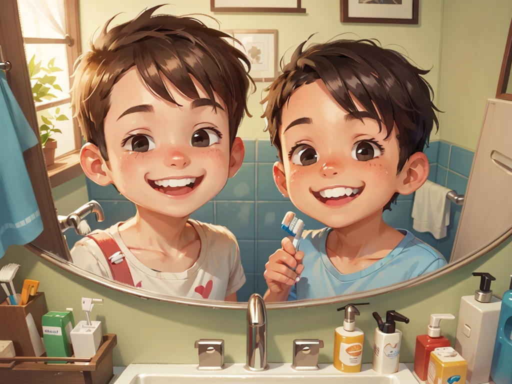 A smiling boy, closeup of face, showing his clean teeth, toothbrush and toothpaste in the bathroom