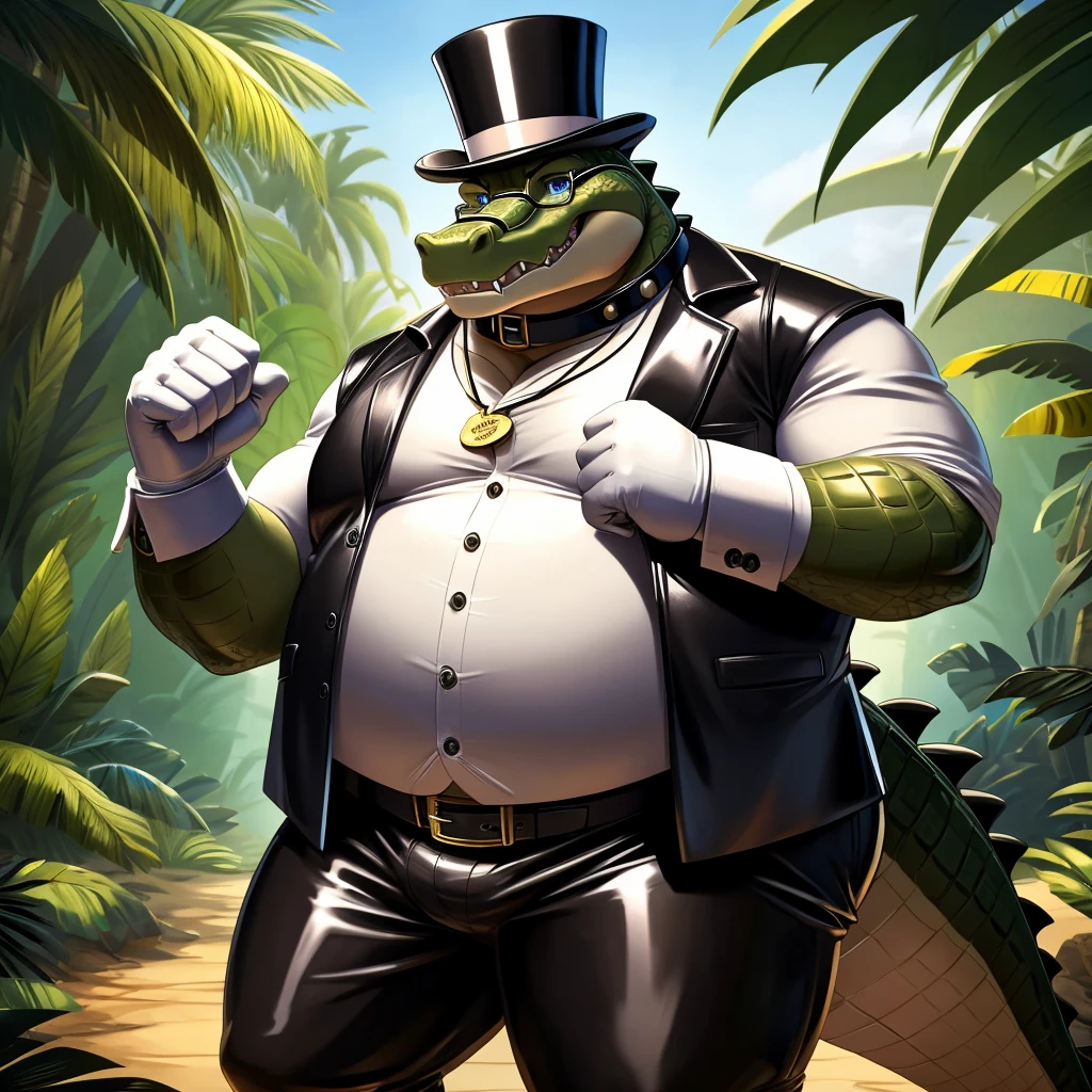Solo, Male, fat, extremely obese, gentleman, dapper Professor Crocodile, blue eyes, (posing:1.3), (soft shading), 4k, hi res, ((detailed face, detailed)), looking at viewer, evil grin, jungle, forest, collared shirt with buttons, top hat, male focus, Explorer Outfit, glasses, monocle, bag, vest with buttons, backpack, sleeves rolled up, round eyewear, brown headwear, brown vest, Crocodile is wearing a glossy leather dog collar around the neck, Crocodile is wearing the leather collar and shirt and vest at the same time, Crocodile is wearing glossy white rubber gloves on the hands, wearing white rubber gloves on the feet, Crocodile is wearing glossy white cuffs around the wrists, gold cufflinks gloves are rubber in texture, clenching teeth, clenching fists, leather collar is glossy and shiny with a lot of detail, Crocodile is wearing gloves and cuffs and cufflinks at the same time, leather collar has a round dog-tag, leather collar is thick and detailed.