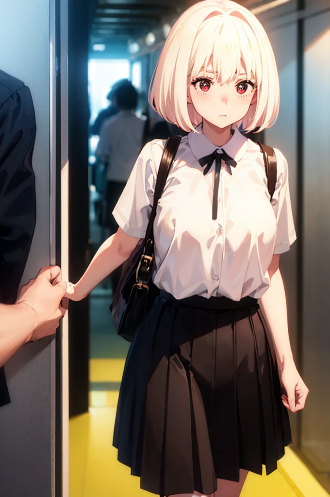 Acme Face、show off nipples under white shirt、nsfw、、show off nipples under white shirt、sweat、1 boy、POV shooter、Chest grab、Embarrassed look、、1 boy、POV shooter、Chest grab、Small breasts、手でhide、skill、、hide、Black Skirt、、blush、、Embarrassed look、Japanese、Black Skirt、、Light cream colored hair、Short Hair、Pale red eyes、blush、lipstick、Perfect hands、Fine hand、Inside the train、、Good hands、
