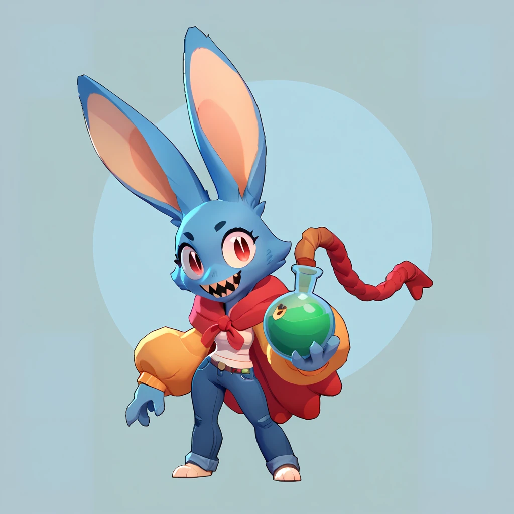 Full body view from a round creature with blue fur, female, long ears, smiling, sharp teeth, wearing jeans, friendly round creature, holding a green potion in his hand