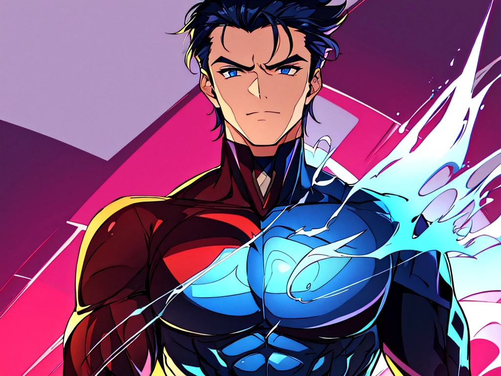 handsome man in superhero outfit, brow hair, torso blue eyes