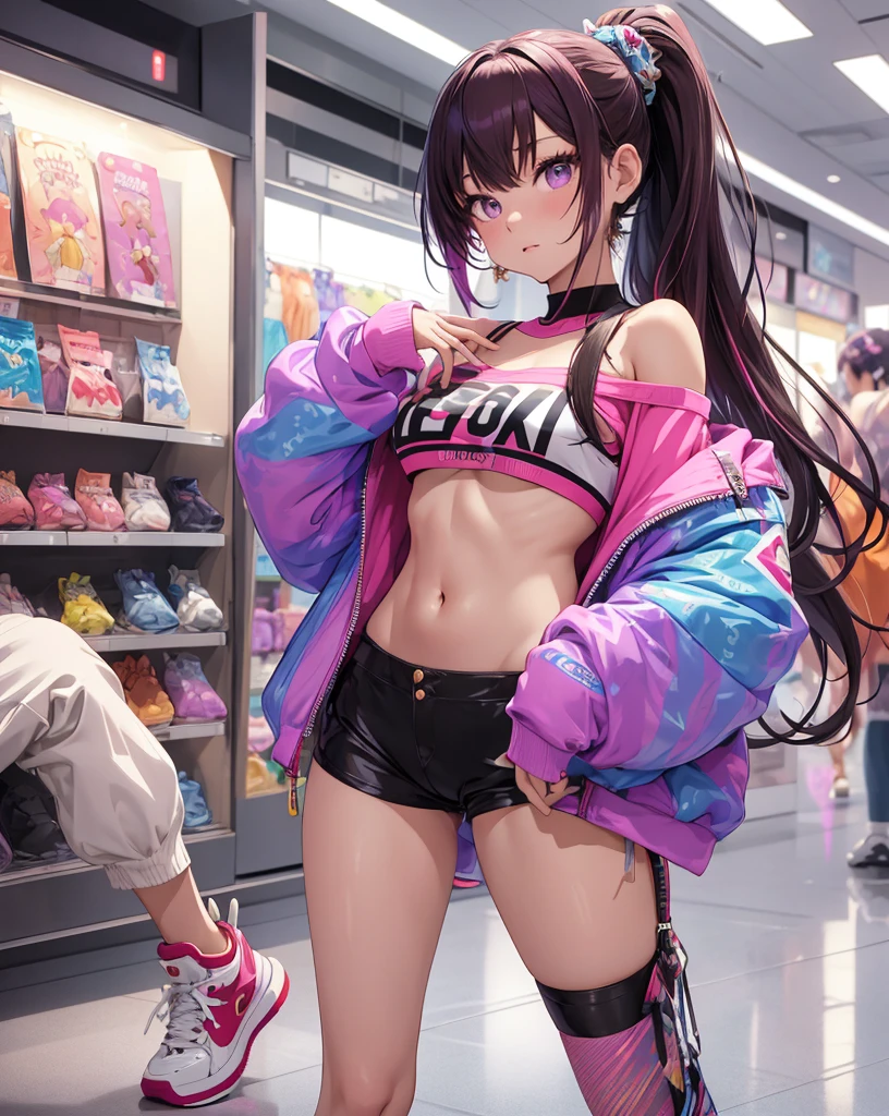 ((master part)), best quality, absurderes, ultra detaild, Holographic, cowboy shot, proportion Aurea, super cute girl, Madura, Idol girl, Super beautiful asian girl with very cute violet bright eyes, Beautiful multicolored bright brown hair, high ponytail, nice and sexy body, body skinny, perfectbody, wearing a super tight anime print knit, Anime Print Super Tight Off Shoulder Long Sleeve Crop Top, a super aesthetic mini transparent jacket, cute hair ornament, Pink Jordan Sneakers, being photographed in a mall store, pulling down shorts showing G-string panties, ((nsfw)), {{Lewd}}