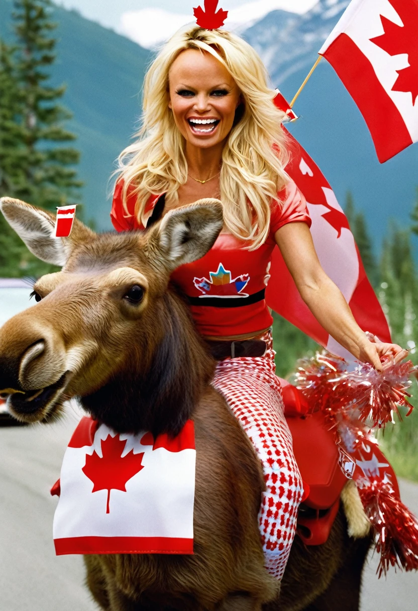 Pamela Anderson dressed in a fun, festive Canadian outfit, riding a moose decorated with Canadian flags and streamers.
The moose could be holding a banner in its mouth that says "Happy Canada Day!" while Pamela holds a small birthday cake.