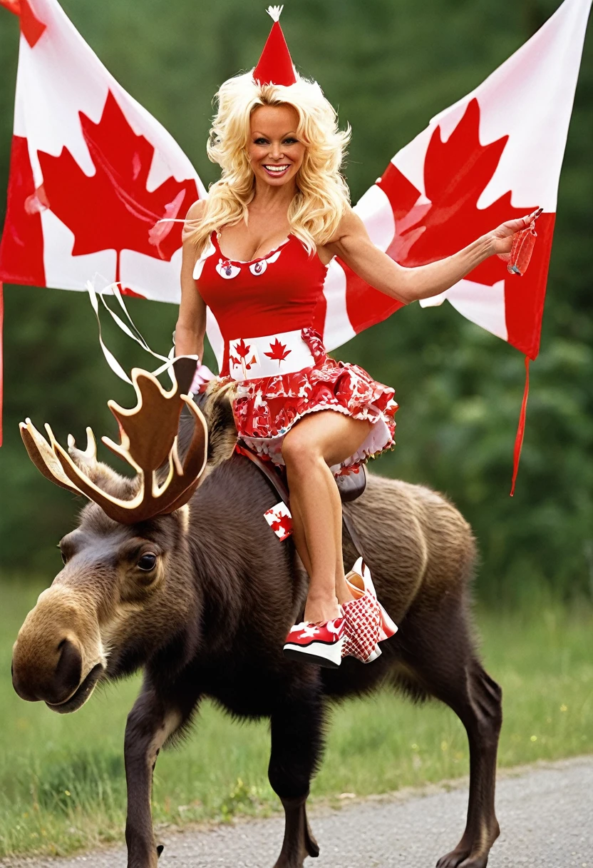 Pamela Anderson dressed in a fun, festive Canadian outfit, riding a moose decorated with Canadian flags and streamers.
The moose could be holding a banner in its mouth that says "Happy Canada Day!" while Pamela holds a small birthday cake.