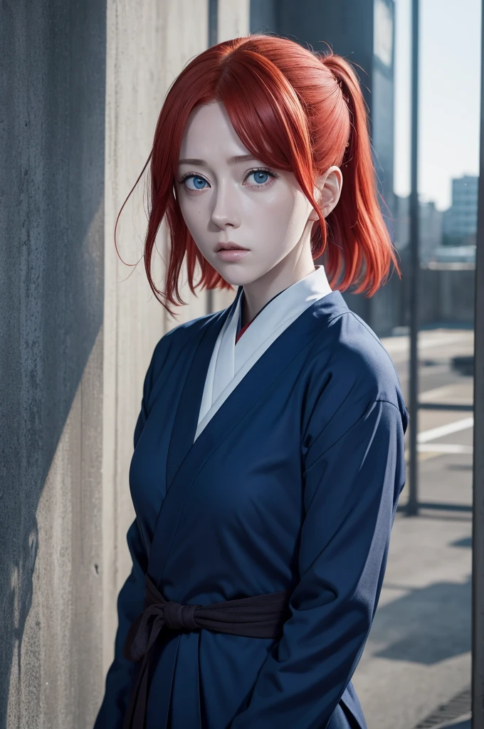 Jujutsu no Kaisen scene of a female whith red hair anda blue eyes. she is wearing jujutsu no Kaisen dar Blue uniform
