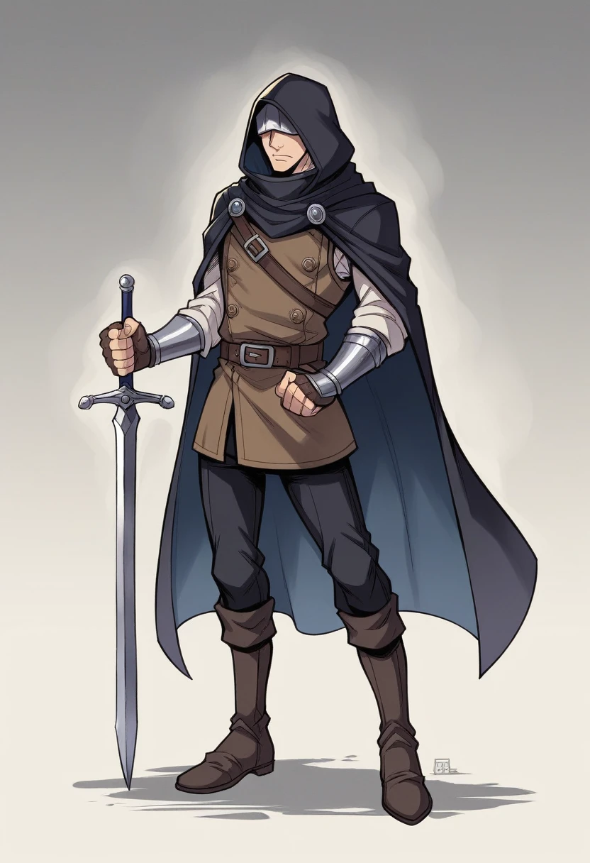 His attire was a striking blend of medieval fantasy and practical armor, designed to both protect and impress. He wore a dark, hooded cloak that flowed down to his ankles, made from a heavy, almost black fabric that absorbed the light and added an air of mystery to his presence. Beneath the cloak, his torso was protected by a finely crafted leather cuirass, dyed a deep midnight blue and embossed with intricate patterns that shimmered subtly in the shadows. His shoulders were adorned with pauldrons of blackened steel, each one etched with ancient runes that hinted at enchantments for strength and protection. Underneath, a tunic of dark grey linen provided a comfortable layer against his skin, its high collar peeking out from beneath the armor. His arms were shielded by vambraces of the same darkened steel, their surfaces smooth and unadorned, offering both flexibility and defense. His hands were covered by fingerless gloves made of sturdy black leather, allowing for dexterity while handling weapons. His legs were clad in durable black trousers, reinforced with hidden plates at the thighs and shins, providing extra protection without hindering movement. His boots, high and rugged, were made from toughened leather, reinforced with metal toe caps and heel guards, ready for both battle and long journeys. A wide belt with a silver buckle encircled his waist, supporting a variety of pouches and a sheath for his sword, the weapon's hilt wrapped in dark leather and always within easy reach.