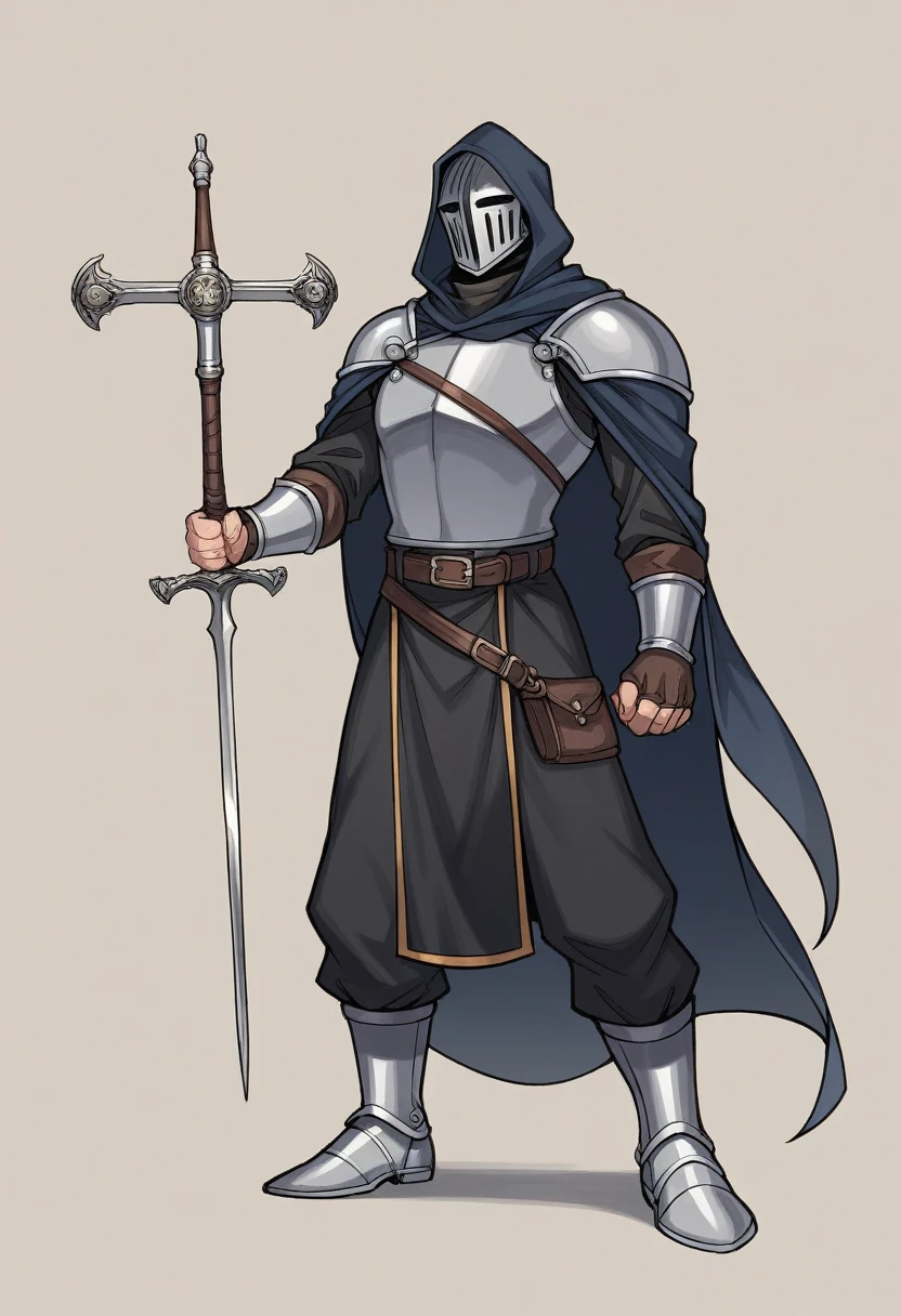 His attire was a striking blend of medieval fantasy and practical armor, designed to both protect and impress. He wore a dark, hooded cloak that flowed down to his ankles, made from a heavy, almost black fabric that absorbed the light and added an air of mystery to his presence. Beneath the cloak, his torso was protected by a finely crafted leather cuirass, dyed a deep midnight blue and embossed with intricate patterns that shimmered subtly in the shadows. His shoulders were adorned with pauldrons of blackened steel, each one etched with ancient runes that hinted at enchantments for strength and protection. Underneath, a tunic of dark grey linen provided a comfortable layer against his skin, its high collar peeking out from beneath the armor. His arms were shielded by vambraces of the same darkened steel, their surfaces smooth and unadorned, offering both flexibility and defense. His hands were covered by fingerless gloves made of sturdy black leather, allowing for dexterity while handling weapons. His legs were clad in durable black trousers, reinforced with hidden plates at the thighs and shins, providing extra protection without hindering movement. His boots, high and rugged, were made from toughened leather, reinforced with metal toe caps and heel guards, ready for both battle and long journeys. A wide belt with a silver buckle encircled his waist, supporting a variety of pouches and a sheath for his sword, the weapon's hilt wrapped in dark leather and always within easy reach.
