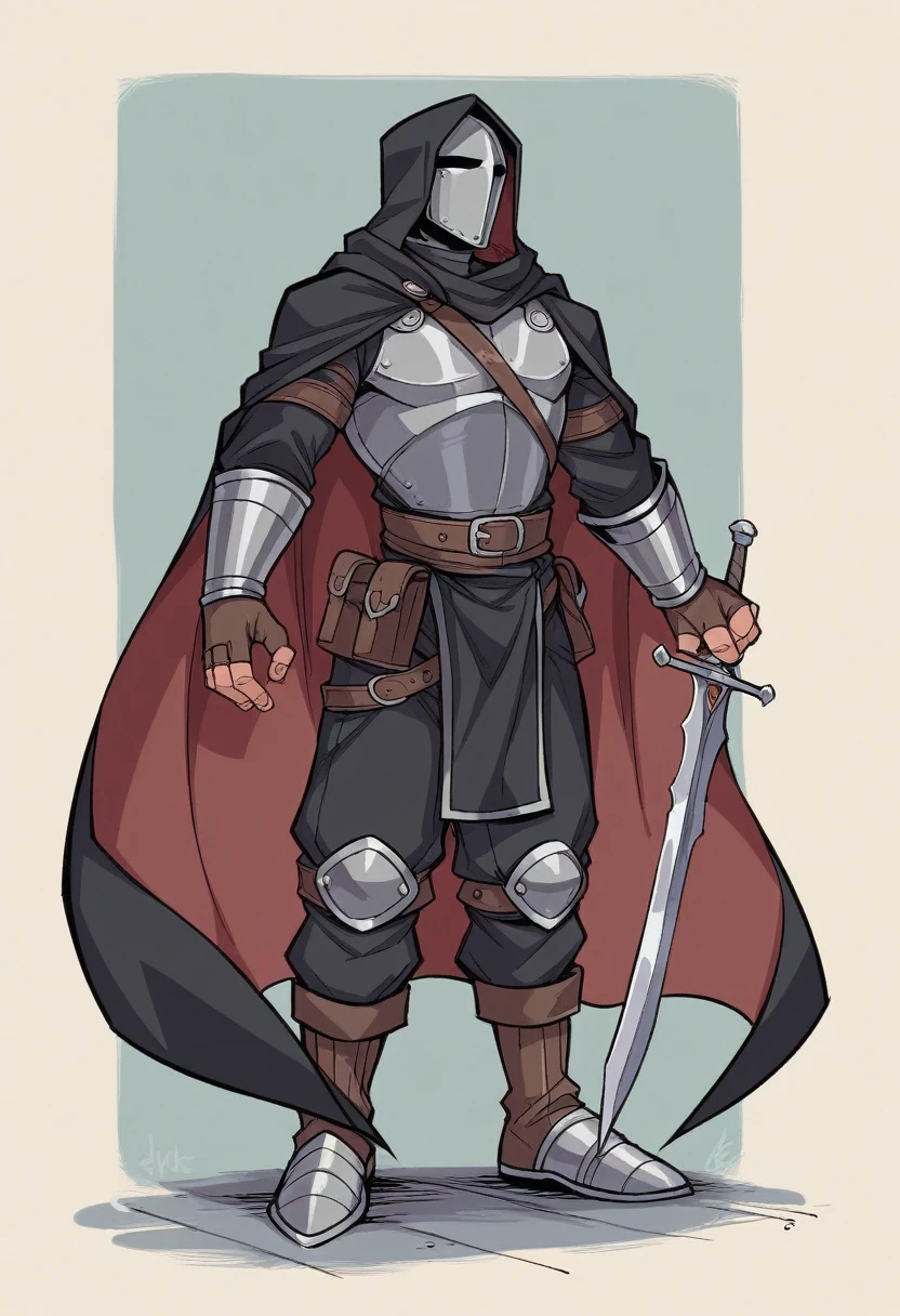 His attire was a striking blend of medieval fantasy and practical armor, designed to both protect and impress. He wore a dark, hooded cloak that flowed down to his ankles, made from a heavy, almost black fabric that absorbed the light and added an air of mystery to his presence. Beneath the cloak, his torso was protected by a finely crafted leather cuirass, dyed a deep midnight blue and embossed with intricate patterns that shimmered subtly in the shadows. His shoulders were adorned with pauldrons of blackened steel, each one etched with ancient runes that hinted at enchantments for strength and protection. Underneath, a tunic of dark grey linen provided a comfortable layer against his skin, its high collar peeking out from beneath the armor. His arms were shielded by vambraces of the same darkened steel, their surfaces smooth and unadorned, offering both flexibility and defense. His hands were covered by fingerless gloves made of sturdy black leather, allowing for dexterity while handling weapons. His legs were clad in durable black trousers, reinforced with hidden plates at the thighs and shins, providing extra protection without hindering movement. His boots, high and rugged, were made from toughened leather, reinforced with metal toe caps and heel guards, ready for both battle and long journeys. A wide belt with a silver buckle encircled his waist, supporting a variety of pouches and a sheath for his sword, the weapon's hilt wrapped in dark leather and always within easy reach.