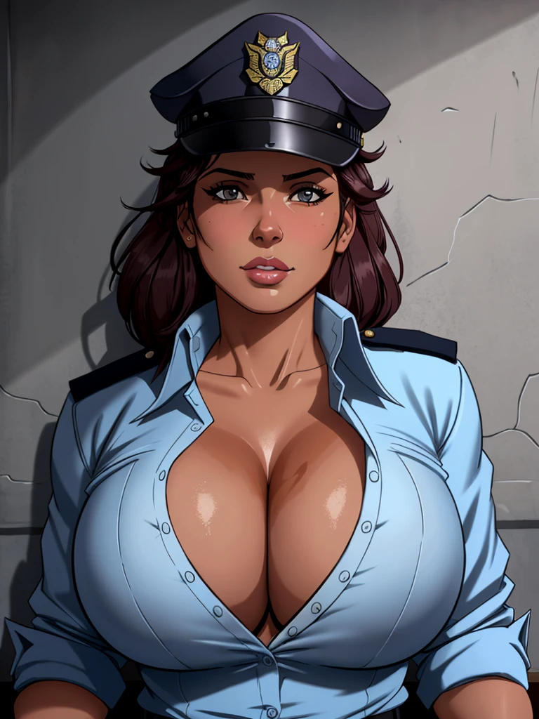 An image of a busty female police, police hat, in a slum, seductive pose, cleavage:1.2, unbuttoned shirt, (detailed skin complexion:1.2), best quality, deep color, complex shading effect, ambient occlusion, highly detailed textures