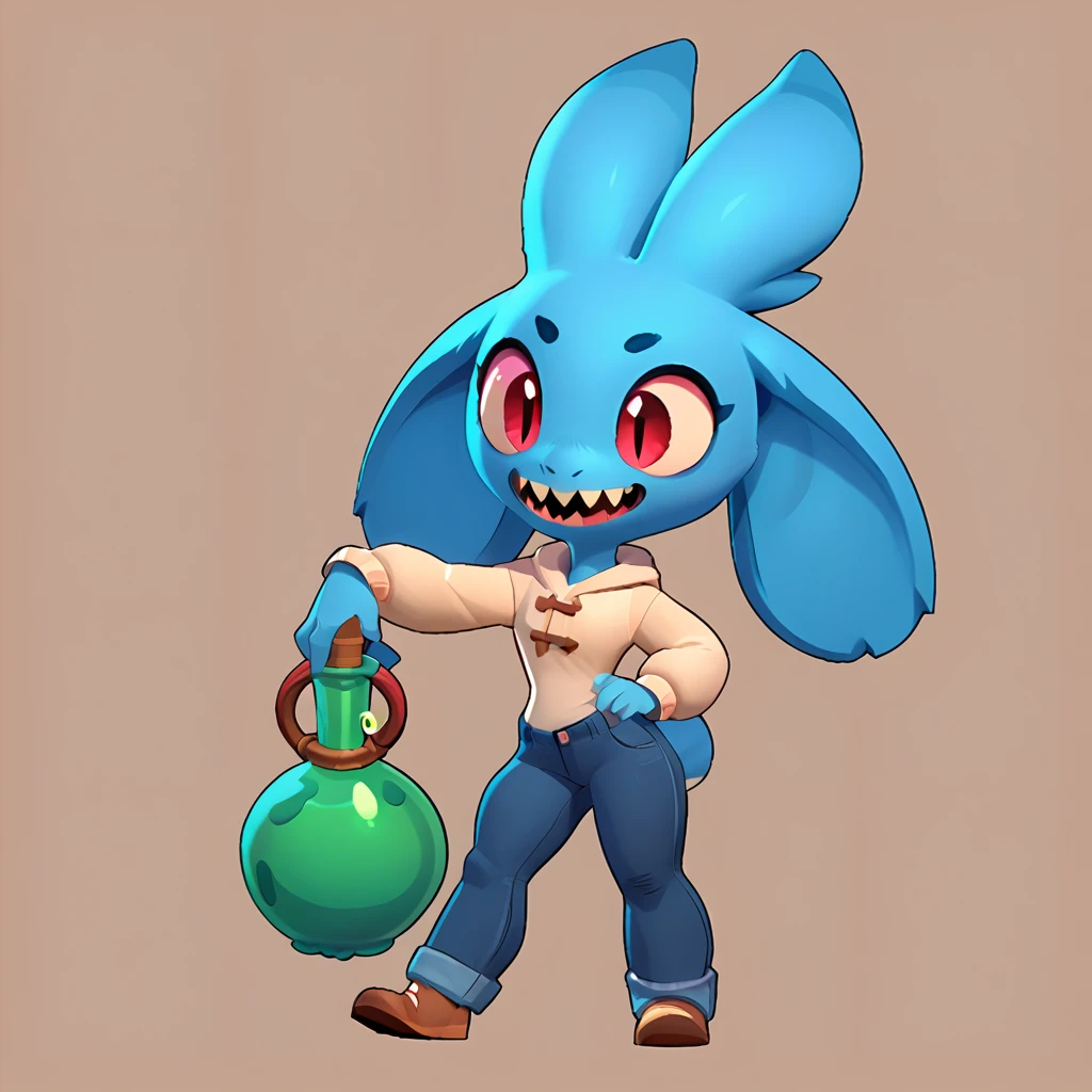 Full body view from a round creature with blue fur, female, long ears, smiling, sharp teeth, wearing jeans, friendly round creature, holding a green potion in his hand