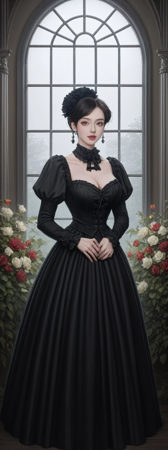 score_9,score_8_up,score_7_up, highly detailed, highly detailed, 1 girl, solo, standing, cleavage, big breast, victorian, earring, fantasy, gothic, mist, dark, flower garden, drab color palette, black rose, looking at viewer
