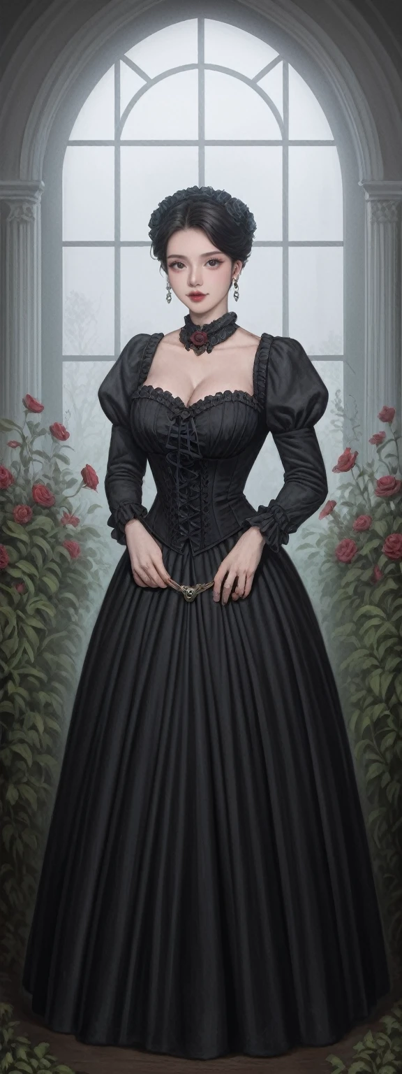 score_9,score_8_up,score_7_up, highly detailed, highly detailed, 1 girl, solo, standing, cleavage, big breast, victorian, earring, fantasy, gothic, mist, dark, flower garden, drab color palette, black rose, looking at viewer