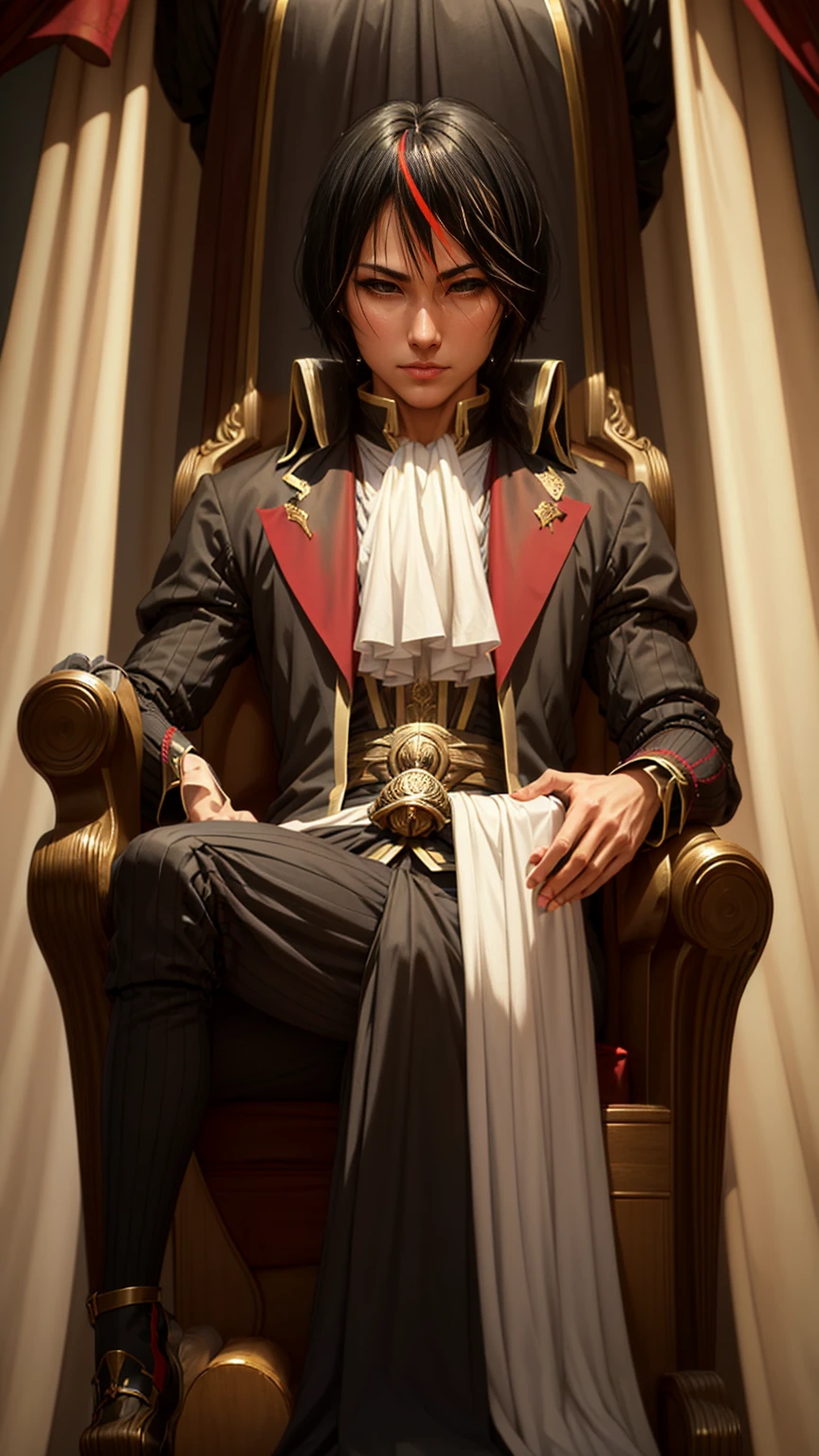 Diablo, detailed eyes, detailed face, detailed clothes, detailed black hair with red and golden line in front,  inside a palace, on a throne, sitting on a throne, character from a novel,