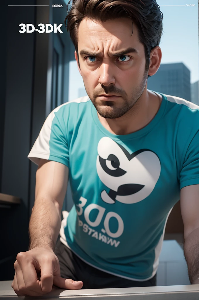 Pixar-inspired 3D poster capturing a scene of a 30-year-old man, with indignant eyes