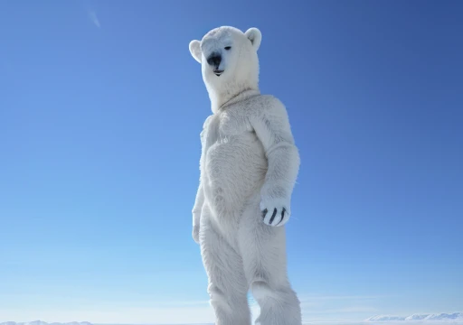 ((A humanoid white polar bear with abnormal musculature, very robust, blue eyes is standing looking up looking at the sky and uses some animal hides as clothing)), frozen ground and desert scenery, no trees there are no plants on this planet. Low left photography angle