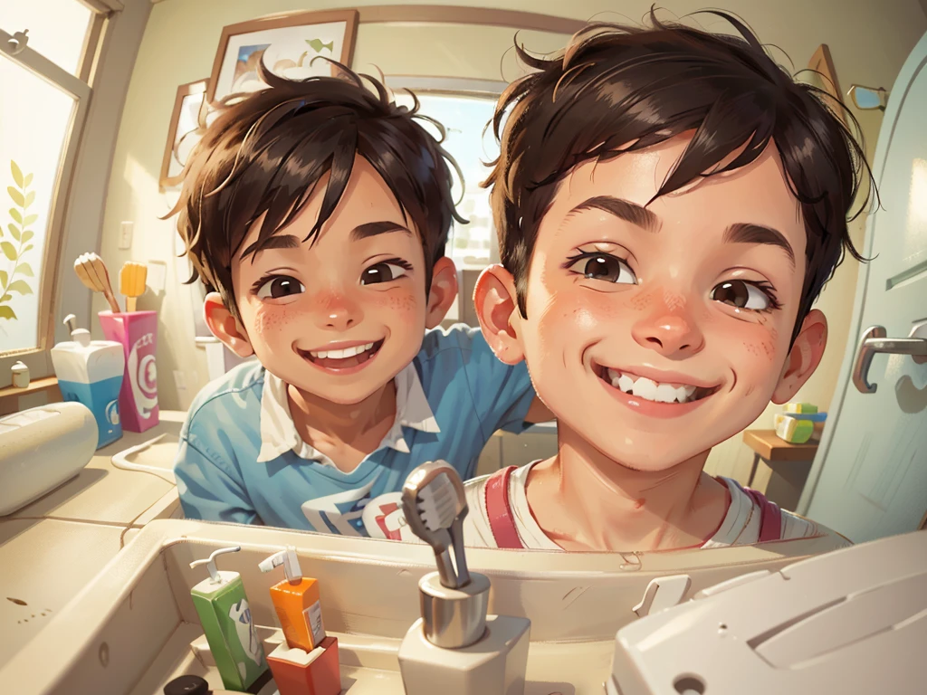 A smiling boy, closeup of face, showing his clean teeth, toothbrush and toothpaste in the bathroom