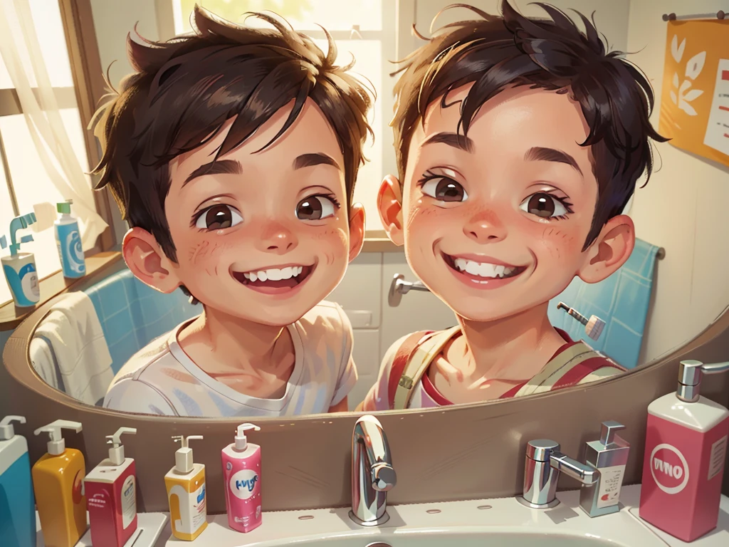 A smiling boy, closeup of face, showing his clean teeth, toothbrush and toothpaste in the bathroom