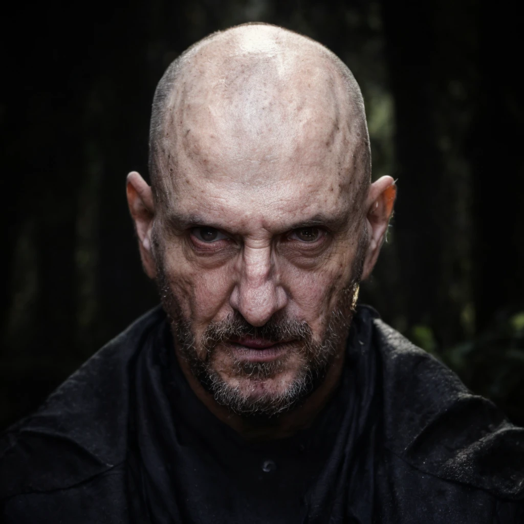 (masterpiece)+, (extremely (realistic)+,a portrait of an ugly adult male cultist, bald, Malevolent, Horror, Creepy, uncanny. Maniacal cold stare. Looking in camera. volumetrics dtx, Photorealistic, ultra detailed, Artstation trending, very very detailed, realistic shaded lighting, dynamic shadows, detailed Dark forest background, upper body, professional photograph of a detailed skin, sharp focus, dramatic, award winning, cinematic lighting, octane render, unreal engine, volumetrics dtx, Photorealistic, ultra detailed, Artstation trending, very very detailed, hyperrealistic, fine details, realistic shaded lighting, dynamic shadows, Dark forest background, add_detail:1, skin pores and wrinkles, details.,More Reasonable Details