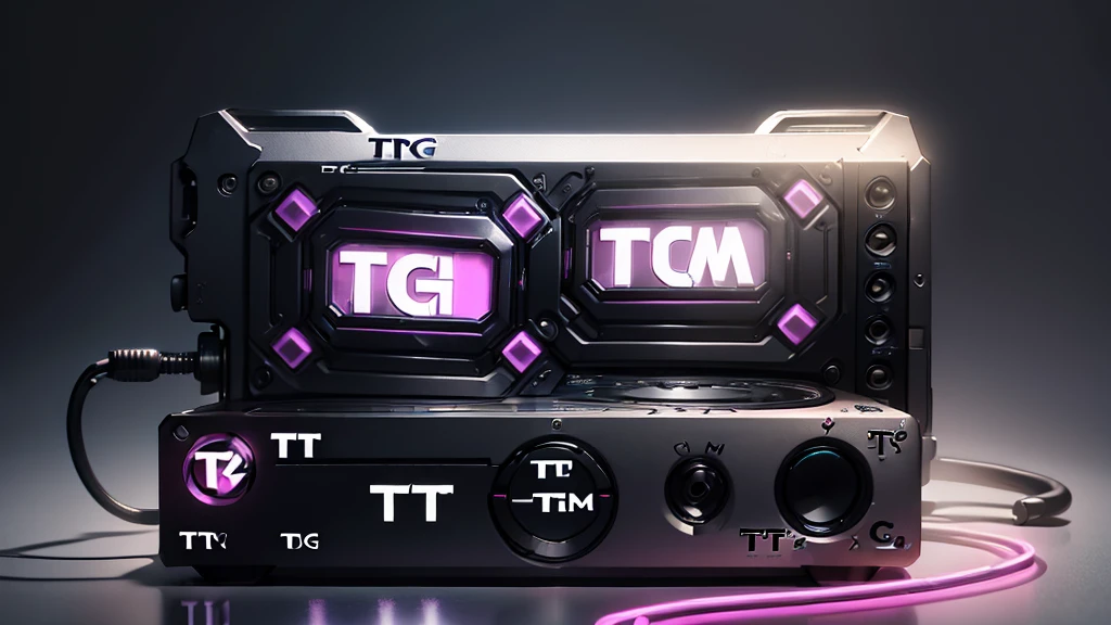 (DTG: 1.8), (DTG letters: 1.8), (Three letters: 1.8), DJ set, Music, cassette, CD Player, Futuristic device for music playing, Music reproducer, Lo-fi, writing, abstract, colorful, high resolution, high quality, neon colors, dark grey background, black grey grdient