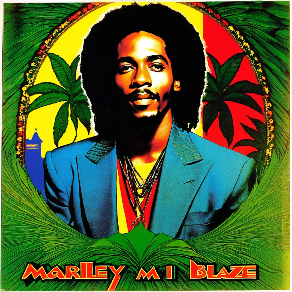 1980s vinyl album cover for black male reggae superstar "Marley Blaze" and his song called "Ghia Mi Luv"