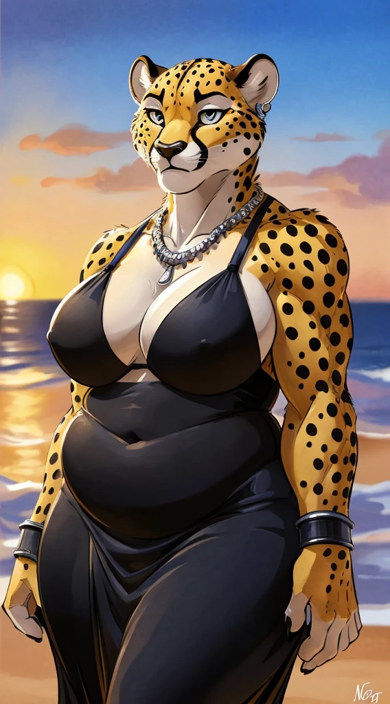 Cheetah, 4k, high resolution, best quality, posted on e621, solo, anthro body, female, (very fat:1.2), correct anatomy, (beach background, sea background, sky background, sunset:1.0), (blurry background, out-of-focus background:1.2), (by wfa:1.0), (by negger:1.2), (by chunie:0.5), (cel shaded, cartoony shading:1.2), black lineart, black outline, flat coloring, (strong shadows, dark shadows:1.2), (black bikini, breasts:1.0), confident, sexy pose, Female cheetah, fat, fat belly, fat thighs, fat arms, lovehandles, big breasts, silver eyes, golden yellow fur, black cheetah markings, silver dress, silver earrings, silver bracelets, silver rings, silver necklaces