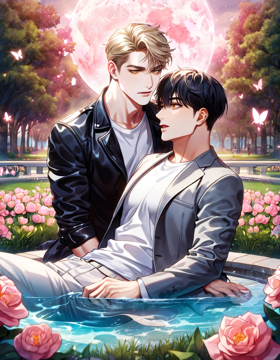 (absurdres, highres, ultra detailed, HDR) master piece, best quality, extremely detailed face, delicated features, Sung Hyunjae, ash-blonde hair, expressive yellow eyes, The S-Classes That I Raised, Han Yoojin, black hair, expressive brown eyes, two sexy men together, gay couple, yaoi, handsome, black leather jacket, white shirt, fantasy, magical, water, pink moon, pink flowers, pink butterflies, park