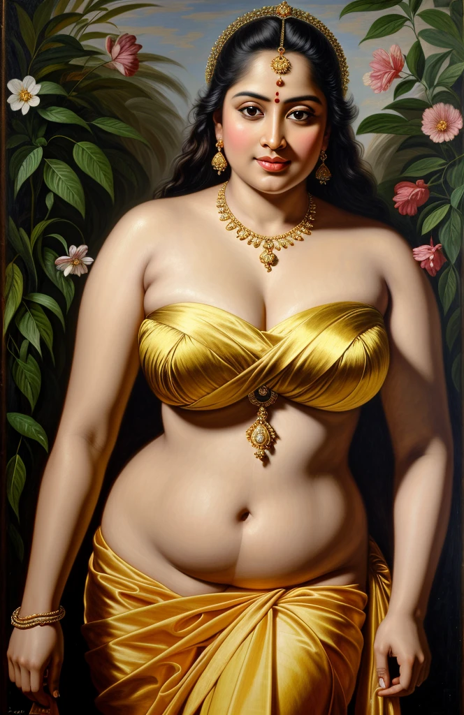 Looks like Parno Mitra, Beautiful Indian Woman, wearing saree, sari Beauty, gorgeous, curvy, sexy navel folds, Apsara, Maharani, royal queen woman, nymph from Hindu Mythology, Urvashi, matchless beauty, Highly detailed, Oil Painting by Peter Paul Rubens inspired by Raja Ravi Varma, Matchless beauty, captivating, gorgeous, heavenly beauty, celestial beauty, by Peter Paul Rubens, 13, realistic, hyper realistic, micro details, incredible artwork, insane details, ultra High resolution, 8k, 32k, acrylic on canvas, intricate, flawless, detailed, detailed face, detailed eyes, masterpiece, by Peter Paul Rubens, by Caravaggio, by William Adolphe bouguereau, perfect face, perfect body, beautiful art, realism, baroque, renaissance Art, highly textured, beautiful and detailed eyes, uhd, best quality,
