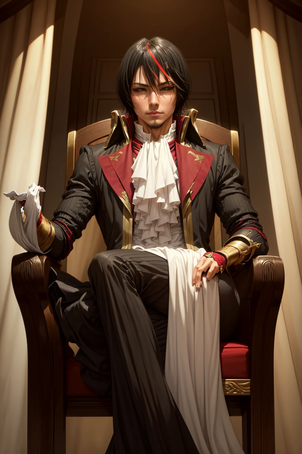 Diablo, detailed eyes, detailed face, detailed clothes, detailed black hair with red and golden line in front, inside a palace, on a throne, sitting on a throne, character from a novel,