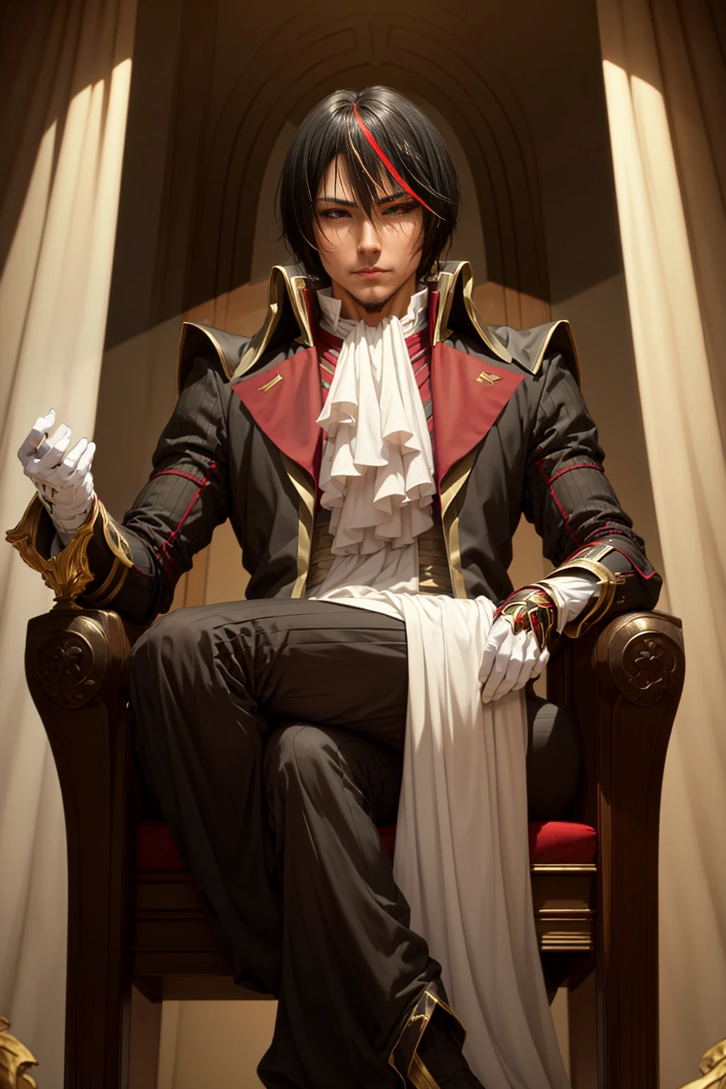 Diablo, detailed eyes, detailed face, detailed clothes, detailed black hair with red and golden line in front,  inside a palace, on a throne, sitting on a throne, character from a novel,