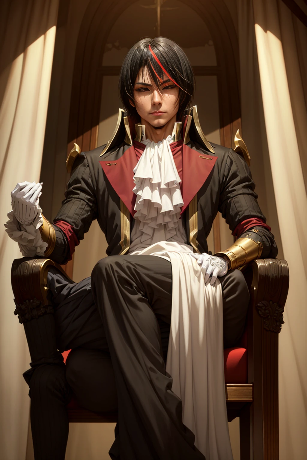 Diablo, detailed eyes, detailed face, detailed clothes, detailed black hair with red and golden line in front,  inside a palace, on a throne, sitting on a throne, character from a novel,