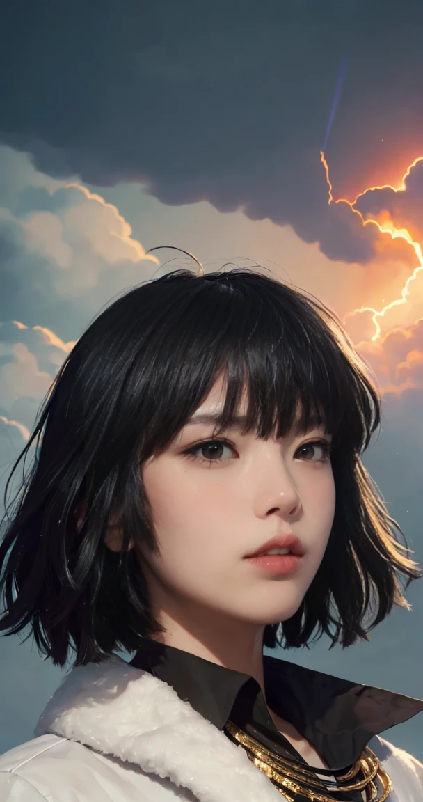 FUBUKI, (BLACK HAIR), Straight hair, TAUT CLOTHES, FUR COAT, JEWELRY, NECKLACE, long face, short hair, straight hair, (photorealistic:1.2), (masterpiece), best quality, (detailed face:1.4), raw photo, ultra realistic 8k, perfect artwork, (background violent tornado and storm :1.2),BREAK, photography,masterpiece,best quality,HDR,highres,realistic details,8K,HDR,highres,absurdres,1girl fly in the air, fubuki,expressionless, tiny breasts,masterpiece,ultra realistic,32k,extremely detailed CG unity 8k wallpaper, best quality