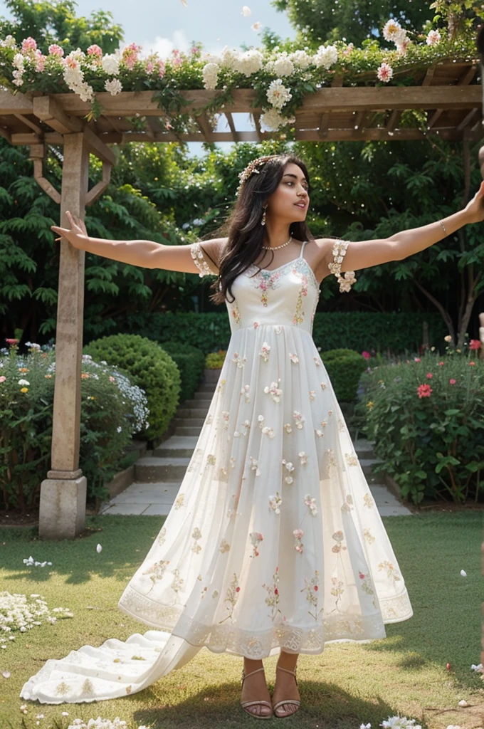 South Asian girl dancing in an heavenly floral garden. She is wearing a long white dress with embroidered pearls all over the dress. Flowers petals are falling from the sky