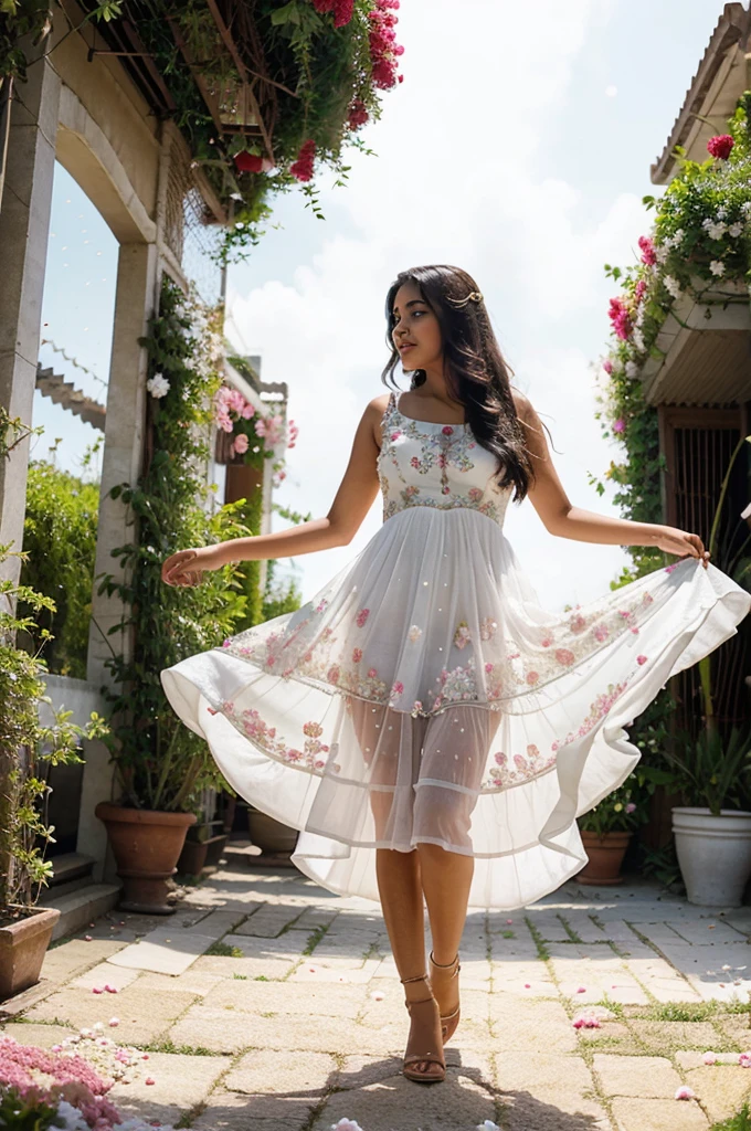 South Asian girl dancing in an heavenly floral garden. She is wearing a long white dress  with embroidered pearls all over the dress. Flowers petals are falling from the sky