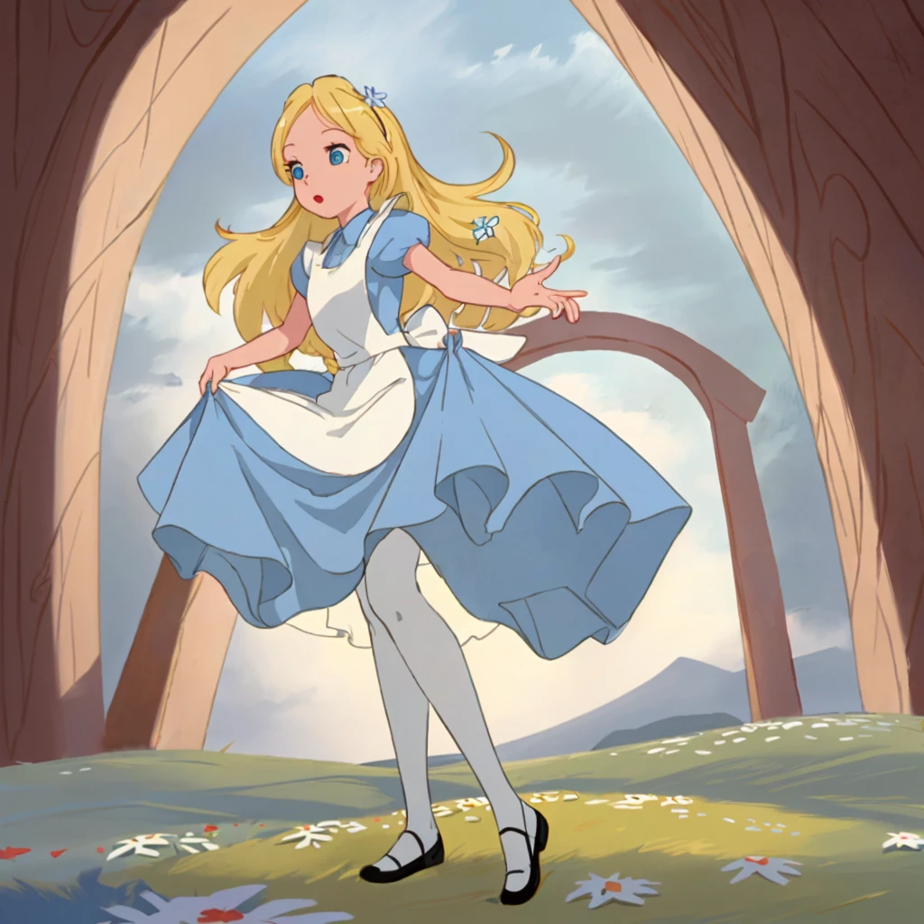 masterpiece, Highest quality, 4K, Super Resolution, One girl, Blonde long hair, Blue Eyes, Blue dress with white apron, Lift up the hem of your skirt with both hands, White panties, Flower Field