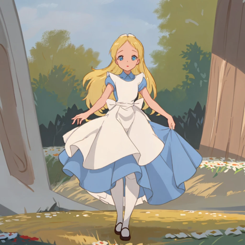 masterpiece, Highest quality, 4K, Super Resolution, One girl, Blonde long hair, Blue Eyes, Blue dress with white apron, Lift up the hem of your skirt with both hands, White panties, Flower Field