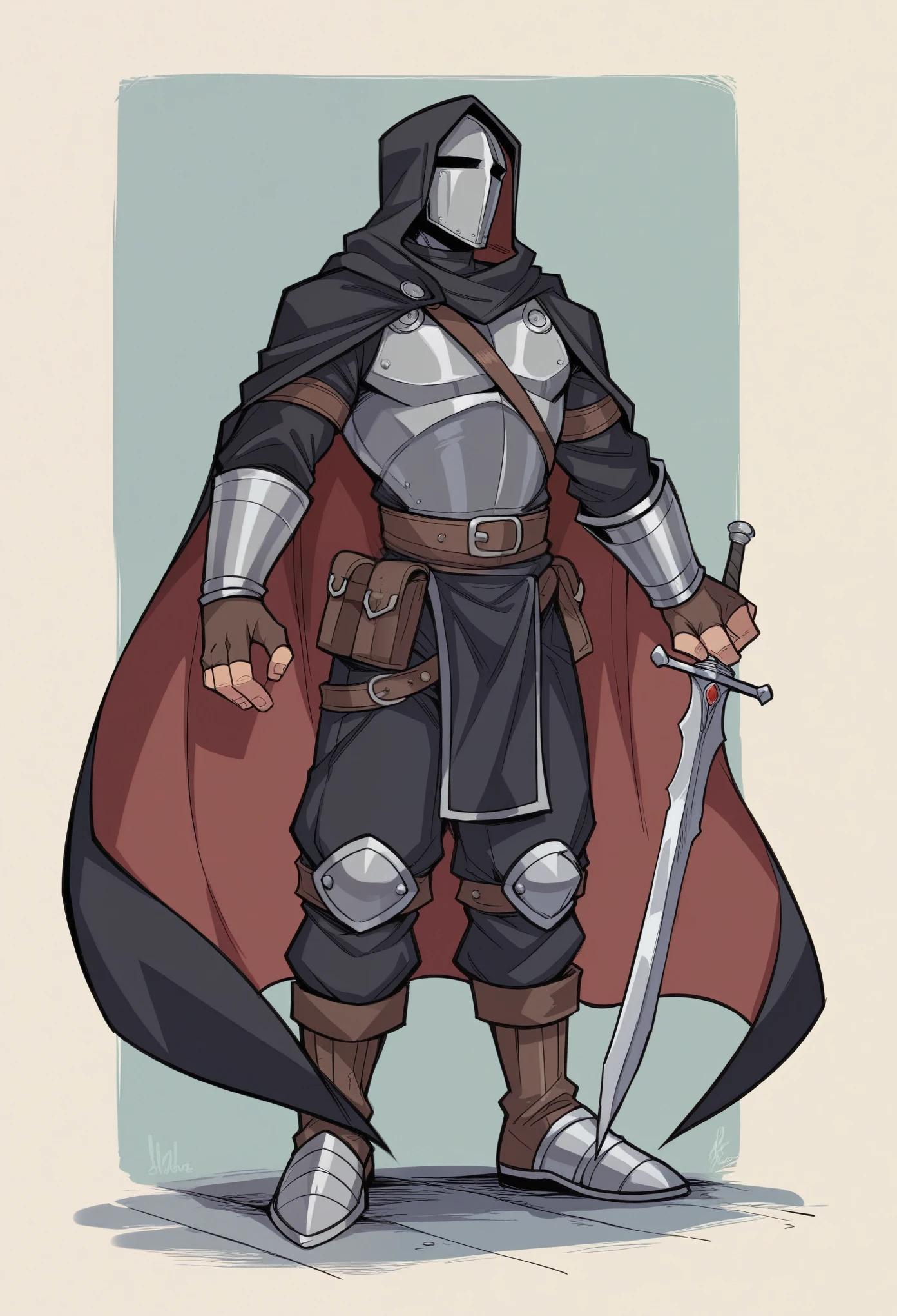 His attire was a striking blend of medieval fantasy and practical armor, designed to both protect and impress. He wore a dark, hooded cloak that flowed down to his ankles, made from a heavy, almost black fabric that absorbed the light and added an air of mystery to his presence. Beneath the cloak, his torso was protected by a finely crafted leather cuirass, dyed a deep midnight blue and embossed with intricate patterns that shimmered subtly in the shadows. His shoulders were adorned with pauldrons of blackened steel, each one etched with ancient runes that hinted at enchantments for strength and protection. Underneath, a tunic of dark grey linen provided a comfortable layer against his skin, its high collar peeking out from beneath the armor. His arms were shielded by vambraces of the same darkened steel, their surfaces smooth and unadorned, offering both flexibility and defense. His hands were covered by fingerless gloves made of sturdy black leather, allowing for dexterity while handling weapons. His legs were clad in durable black trousers, reinforced with hidden plates at the thighs and shins, providing extra protection without hindering movement. His boots, high and rugged, were made from toughened leather, reinforced with metal toe caps and heel guards, ready for both battle and long journeys. A wide belt with a silver buckle encircled his waist, supporting a variety of pouches and a sheath for his sword, the weapon's hilt wrapped in dark leather and always within easy reach.